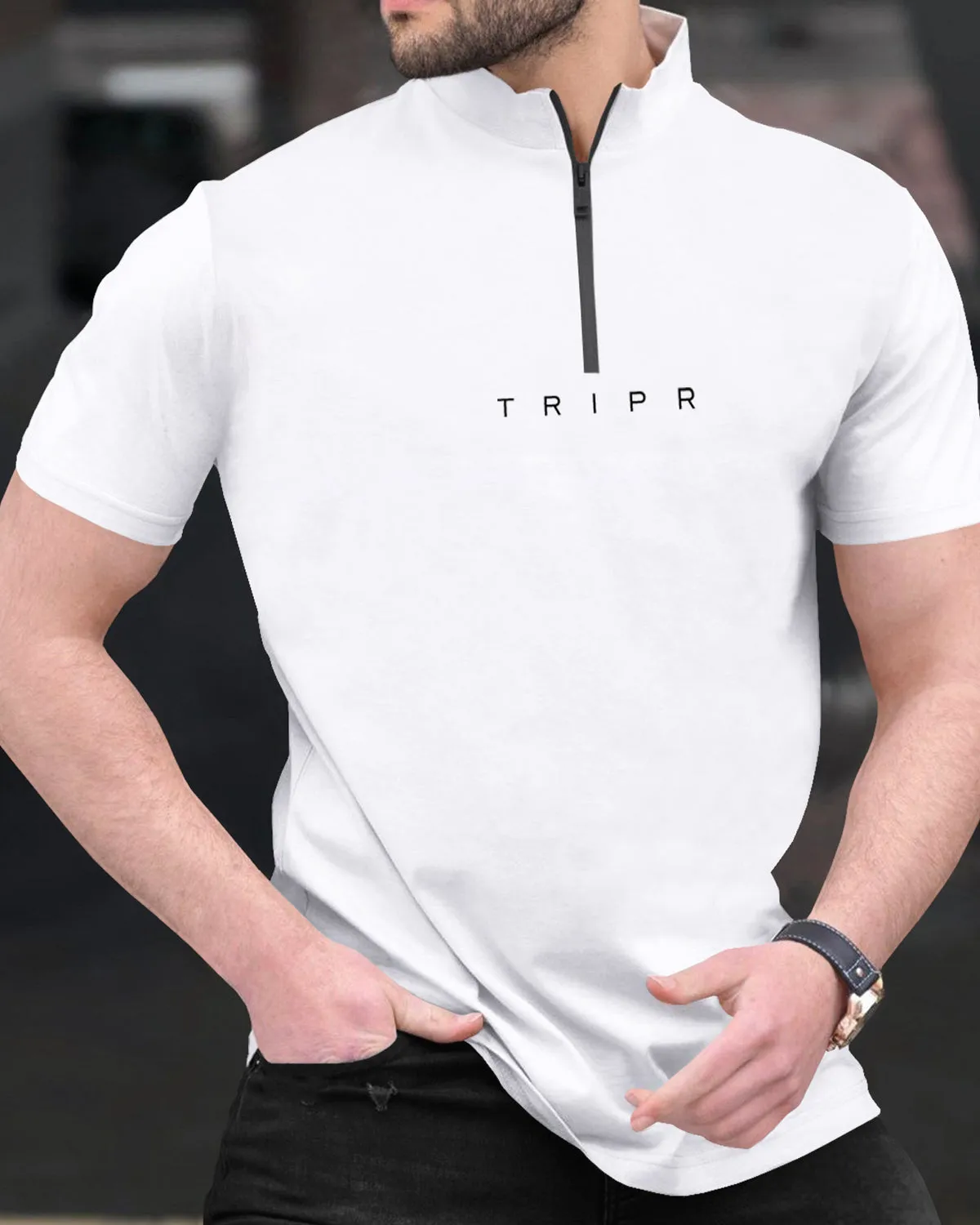 men plain White Short Sleeve Zip Neck T-Shirt