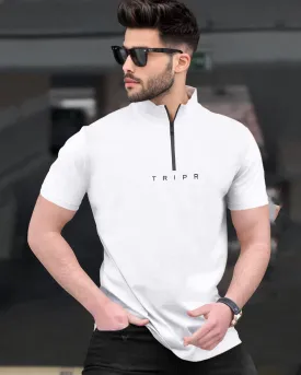 men plain White Short Sleeve Zip Neck T-Shirt