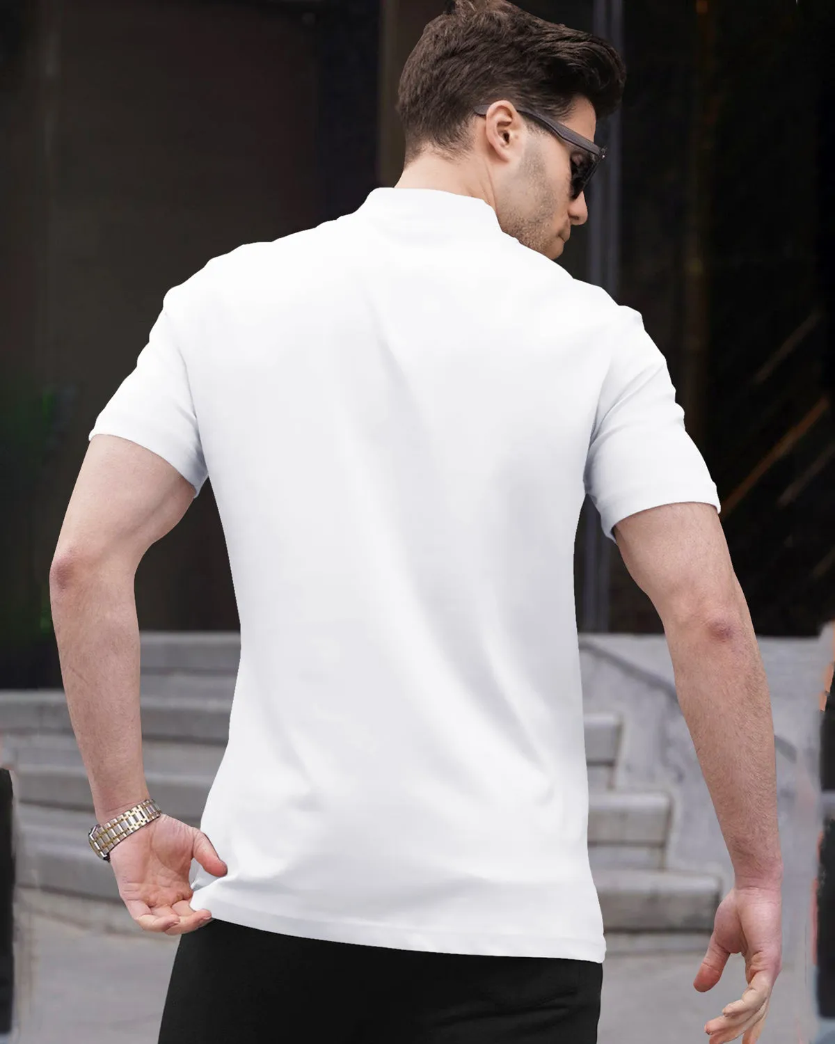 men plain White Short Sleeve Zip Neck T-Shirt