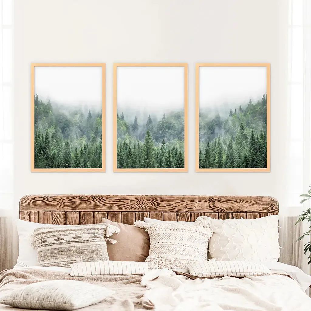 Nordic Nature Wall Art Set. Green Foggy Forest