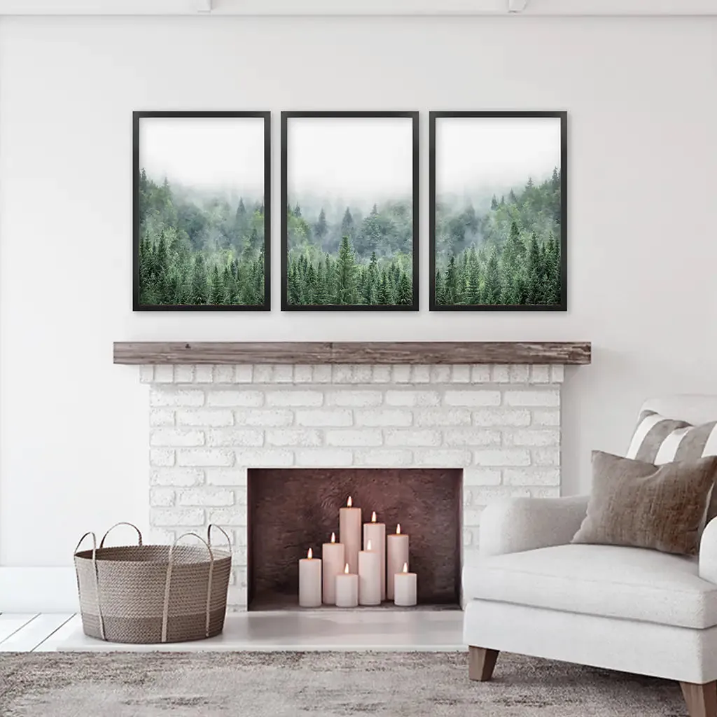 Nordic Nature Wall Art Set. Green Foggy Forest