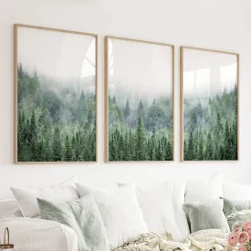 Nordic Nature Wall Art Set. Green Foggy Forest