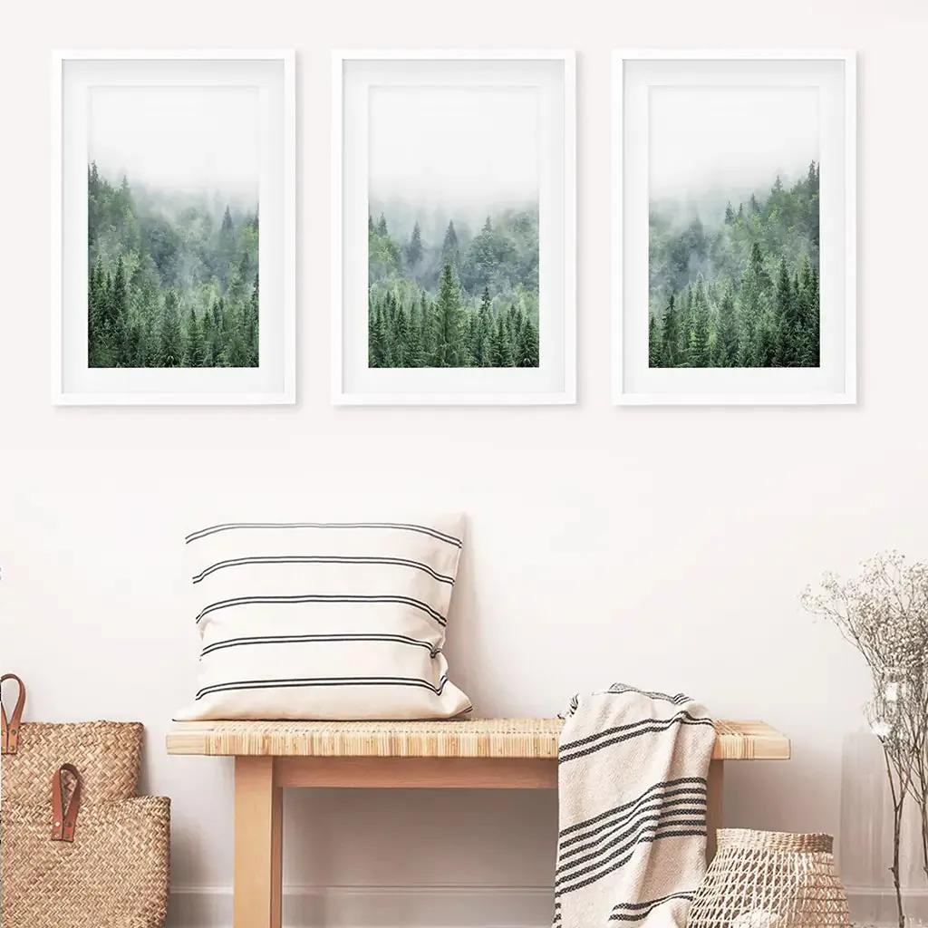 Nordic Nature Wall Art Set. Green Foggy Forest