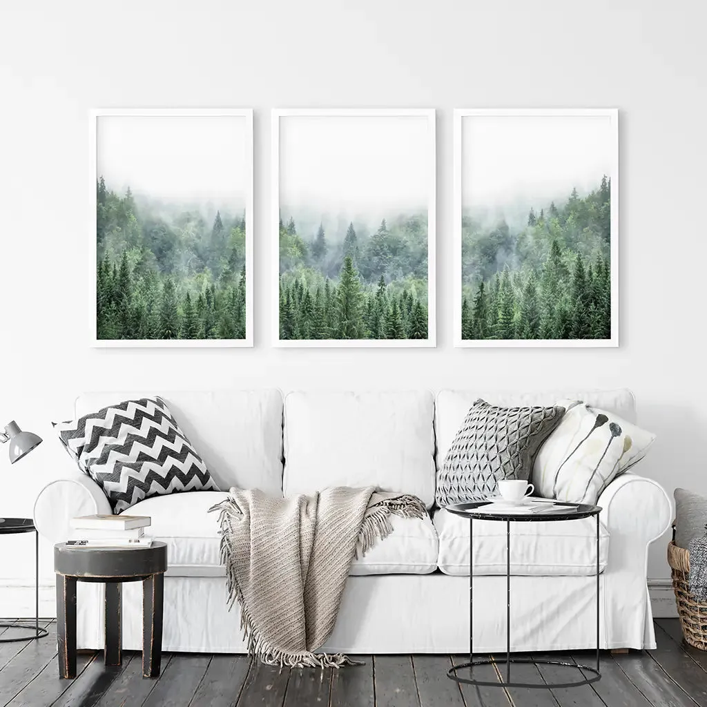 Nordic Nature Wall Art Set. Green Foggy Forest