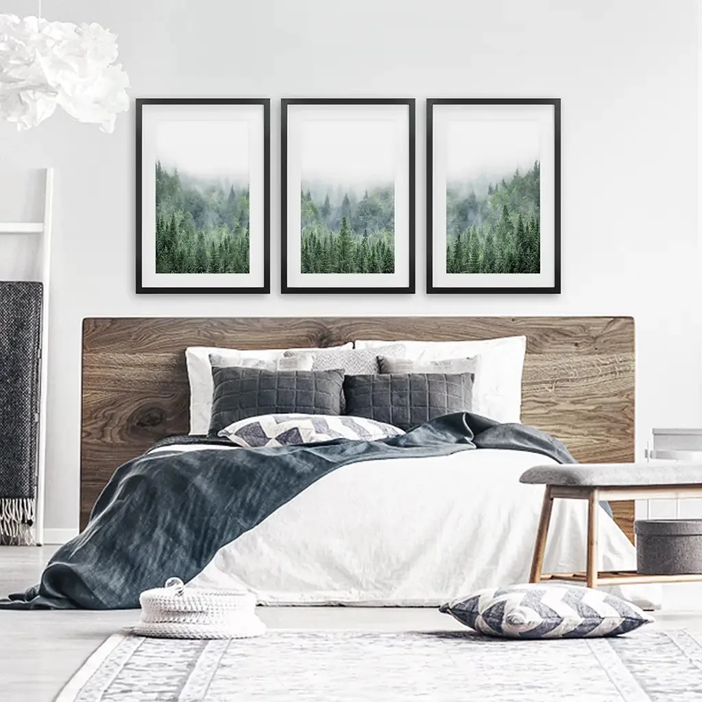 Nordic Nature Wall Art Set. Green Foggy Forest