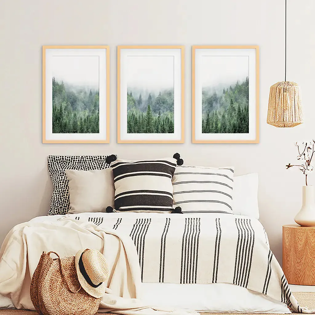 Nordic Nature Wall Art Set. Green Foggy Forest