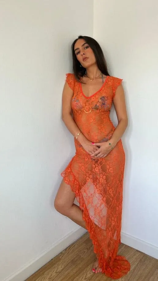 Orange Lace Frill Beach Dress