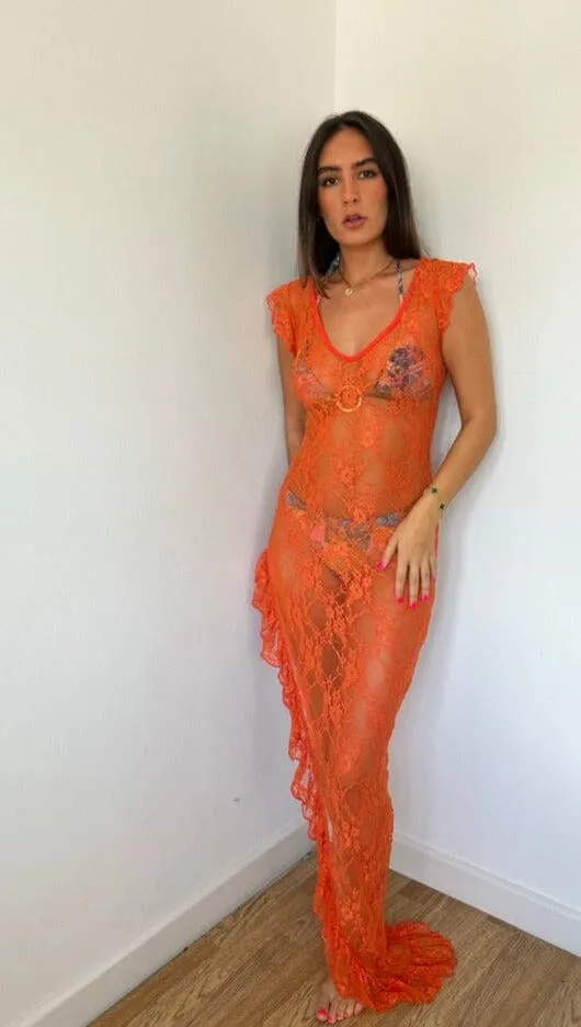 Orange Lace Frill Beach Dress