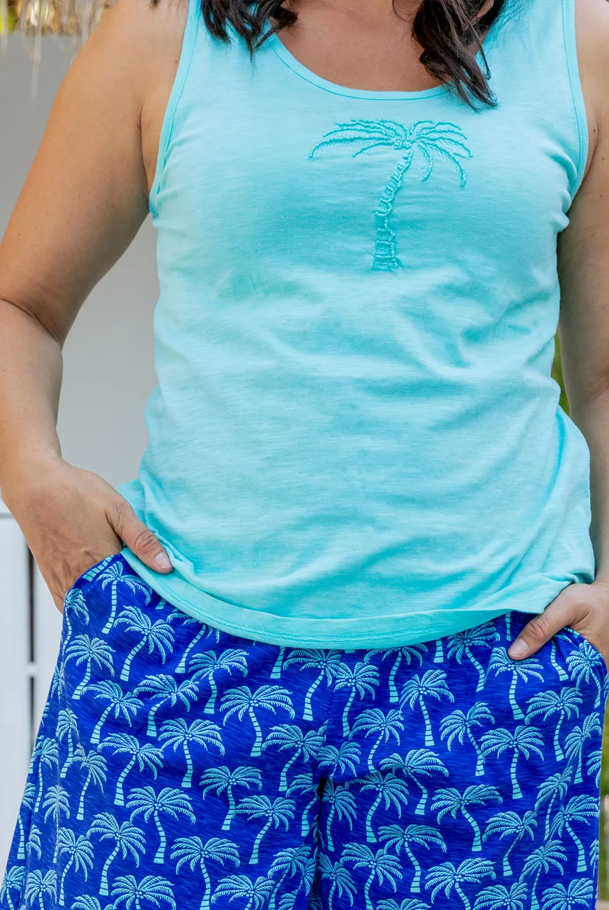 Palm Tree Beaded Cotton Tank Top