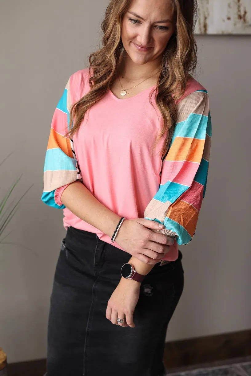 Pink Multi Stripe Dolman Sleeve V-Neck Top