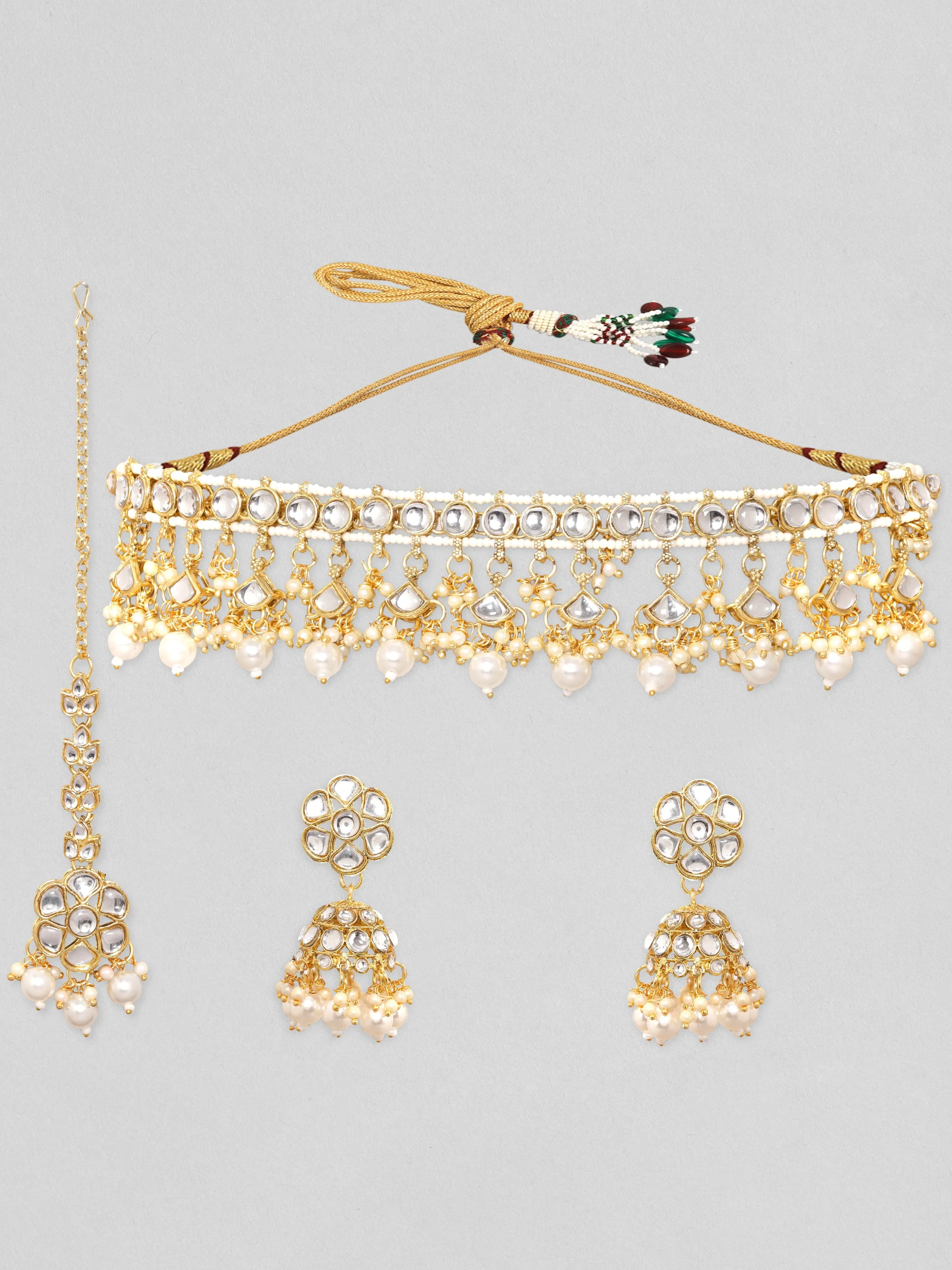 Rubans 24K Gold Plated Pearl Beaded Kundan Studded Choker Jewellery Set