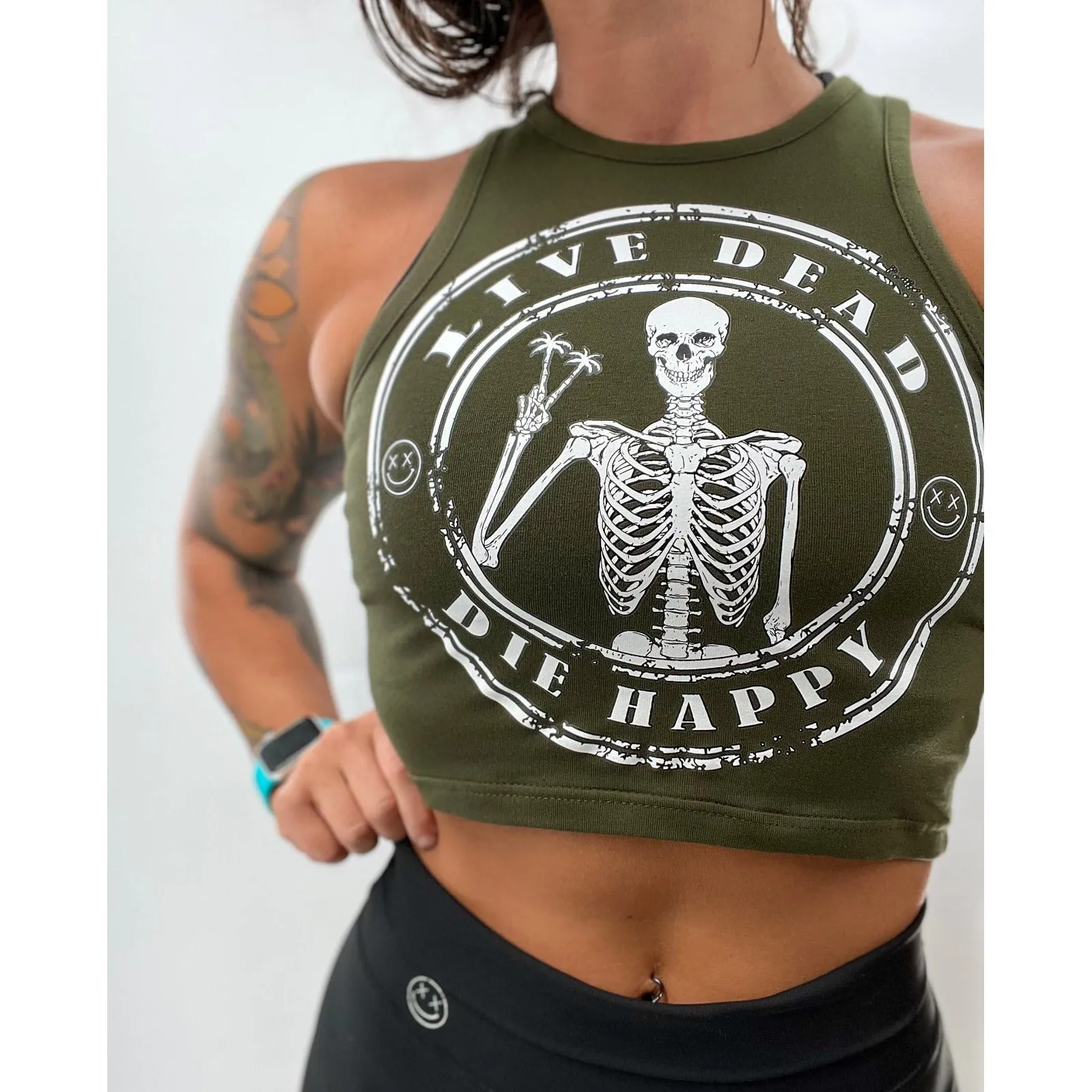 Salty Savage Ladies "Live Dead, Die Happy" High Neck Sleeveless Crop Tank