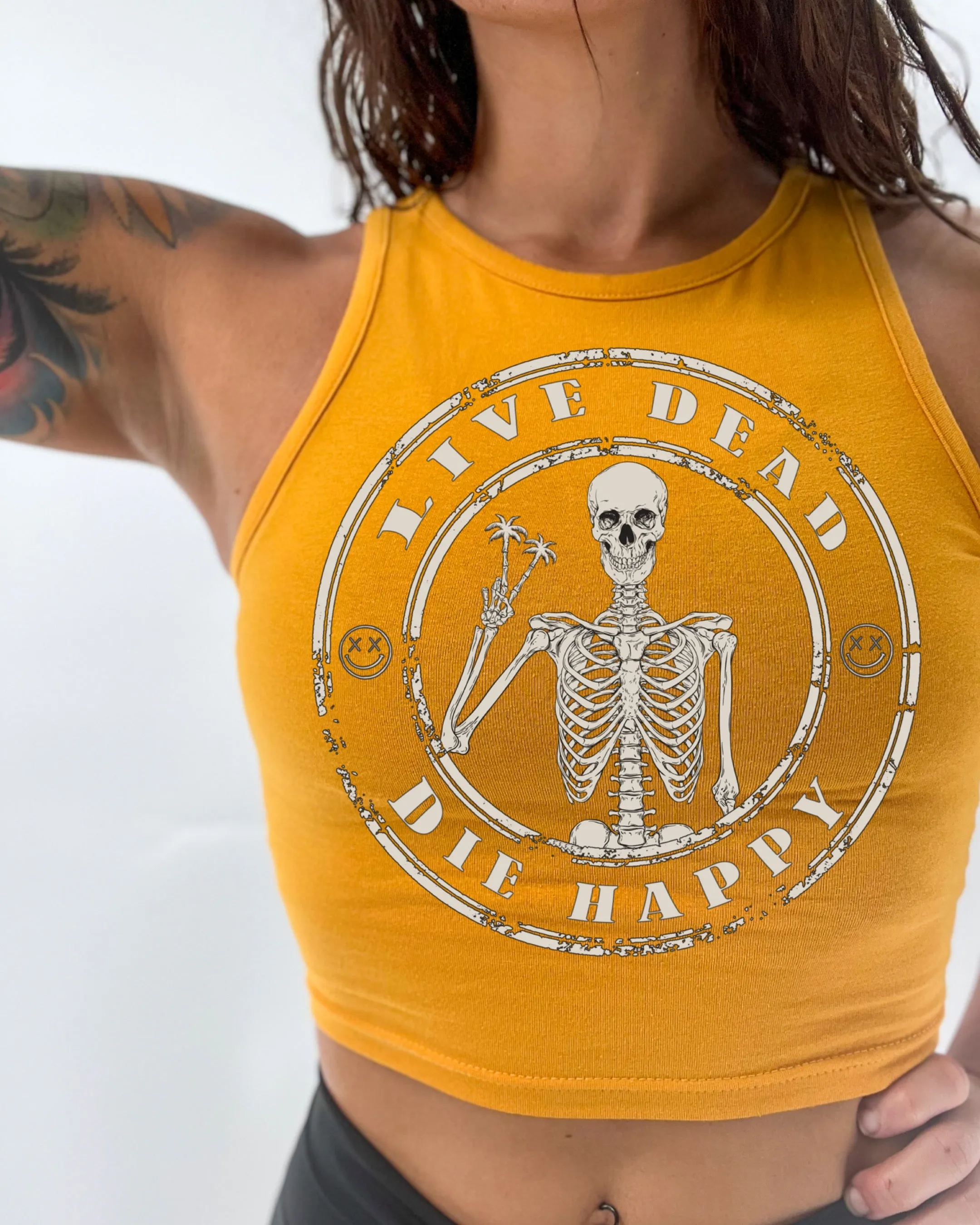 Salty Savage Ladies "Live Dead, Die Happy" High Neck Sleeveless Crop Tank