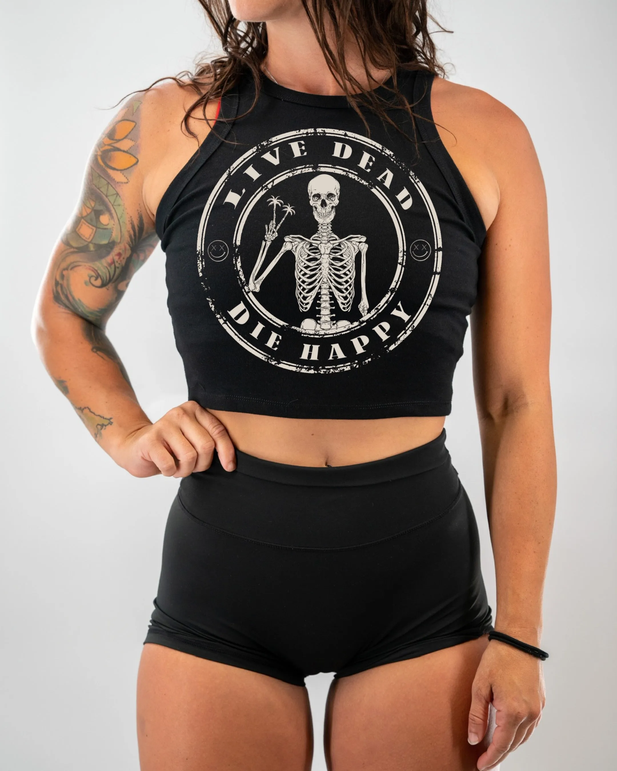 Salty Savage Ladies "Live Dead, Die Happy" High Neck Sleeveless Crop Tank