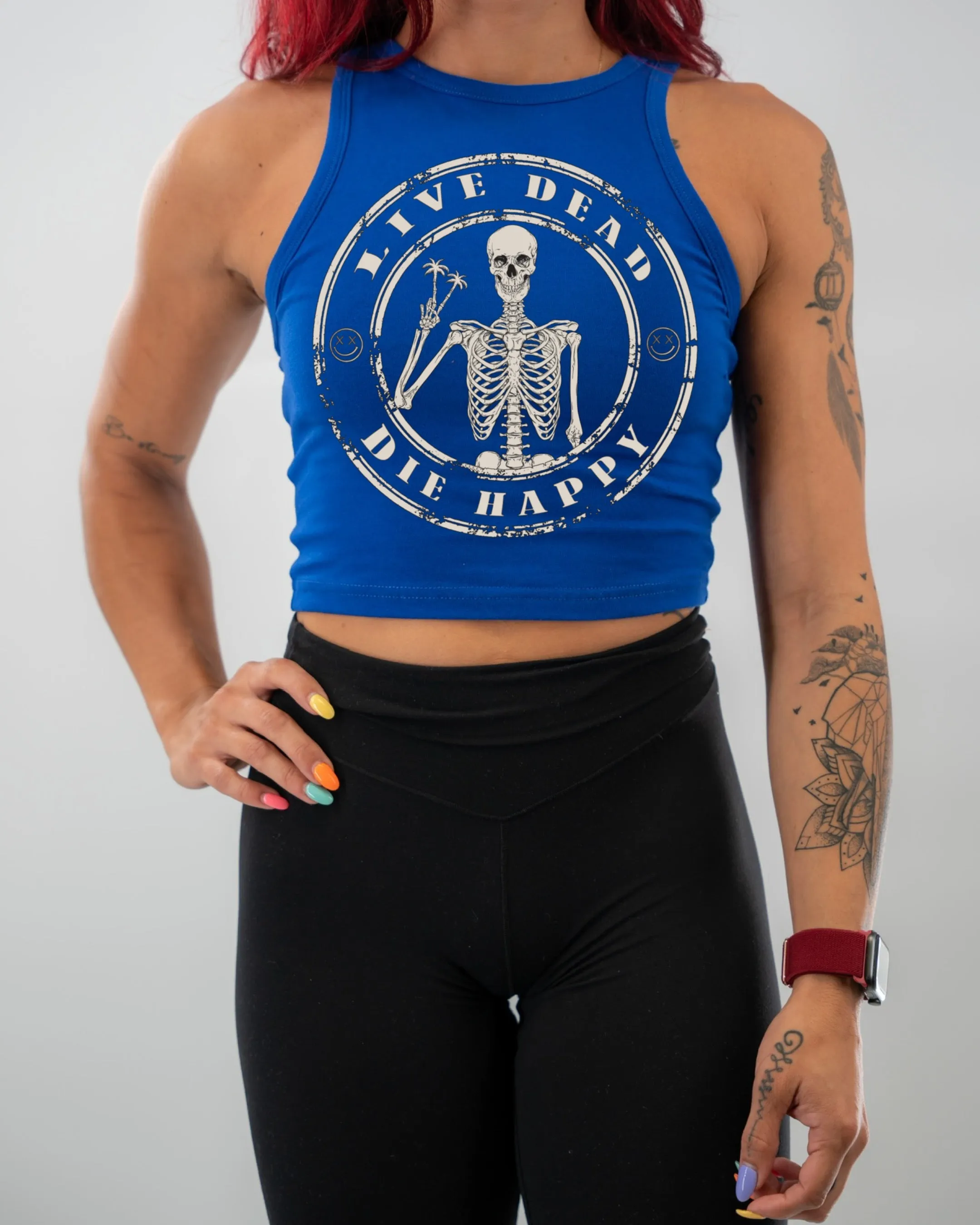 Salty Savage Ladies "Live Dead, Die Happy" High Neck Sleeveless Crop Tank