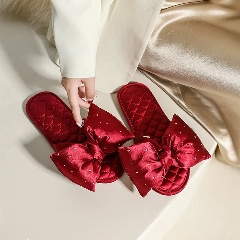 Satin Slippers for Women with Rhinestone Bow