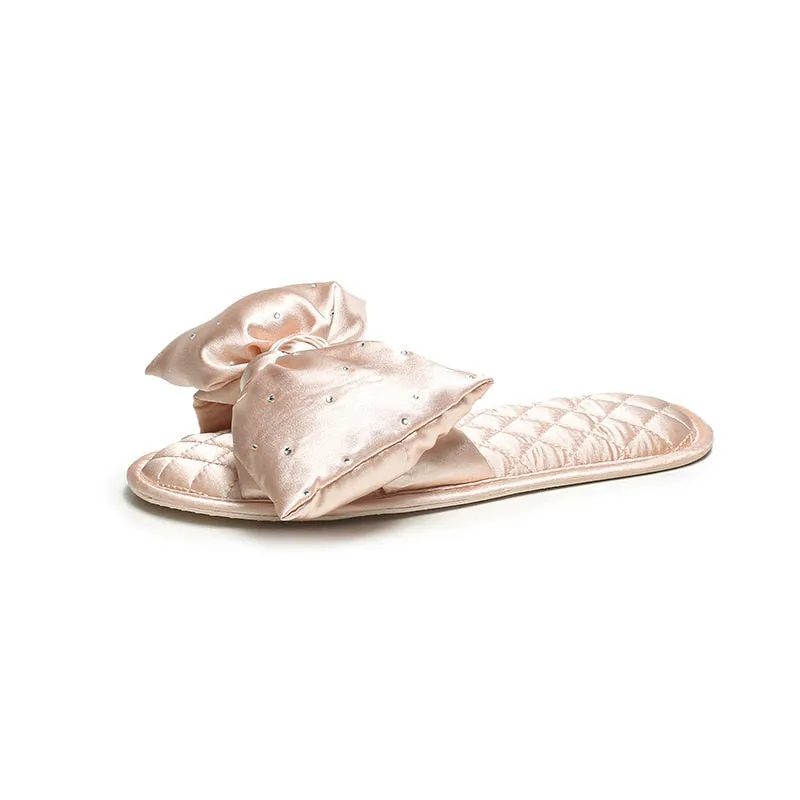 Satin Slippers for Women with Rhinestone Bow