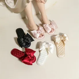 Satin Slippers for Women with Rhinestone Bow