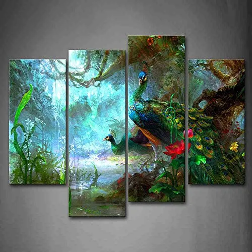 TWO PEACOCKS WALK IN FOREST BEAUTIFUL WALL ART PAINTING THE PICTURE PRINT ON CANVAS ANIMAL PICTURES FOR HOME DECOR DECORATION GIFT