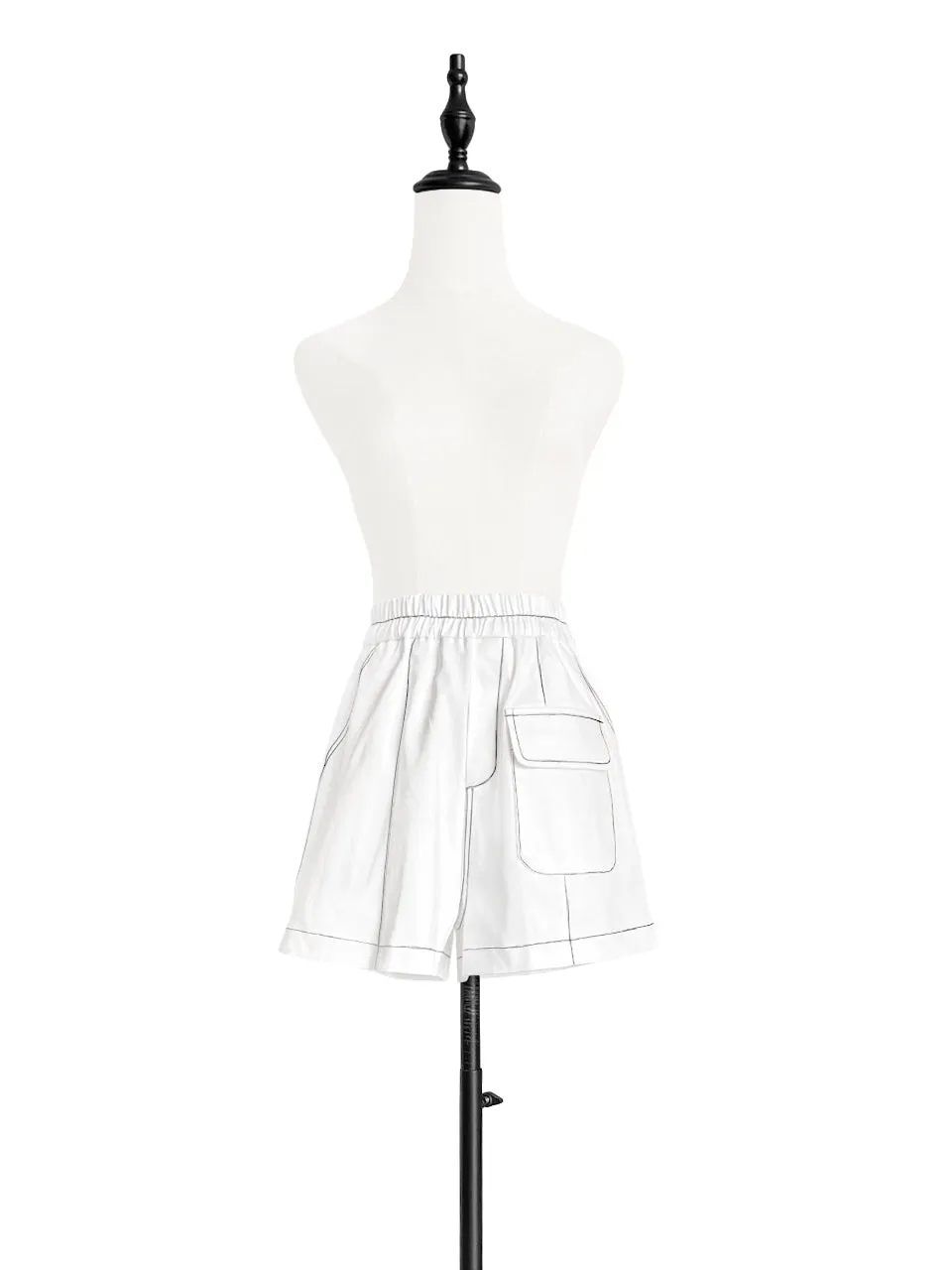 White Contrast Stitch Patch Pocket A-line Twill Shorts