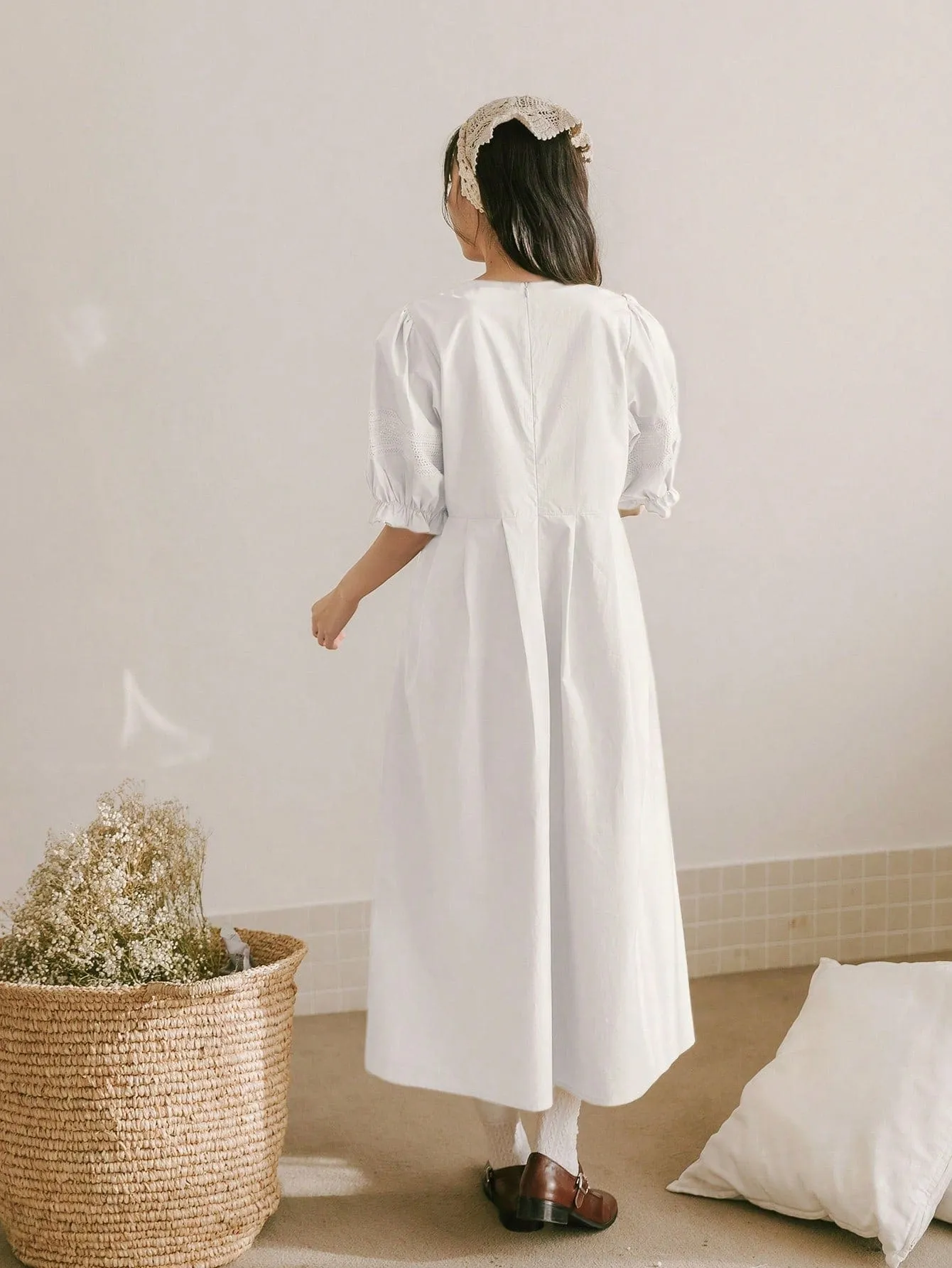 White Oversized Cotton Puff Sleeve Smock Dress, (S-XL)