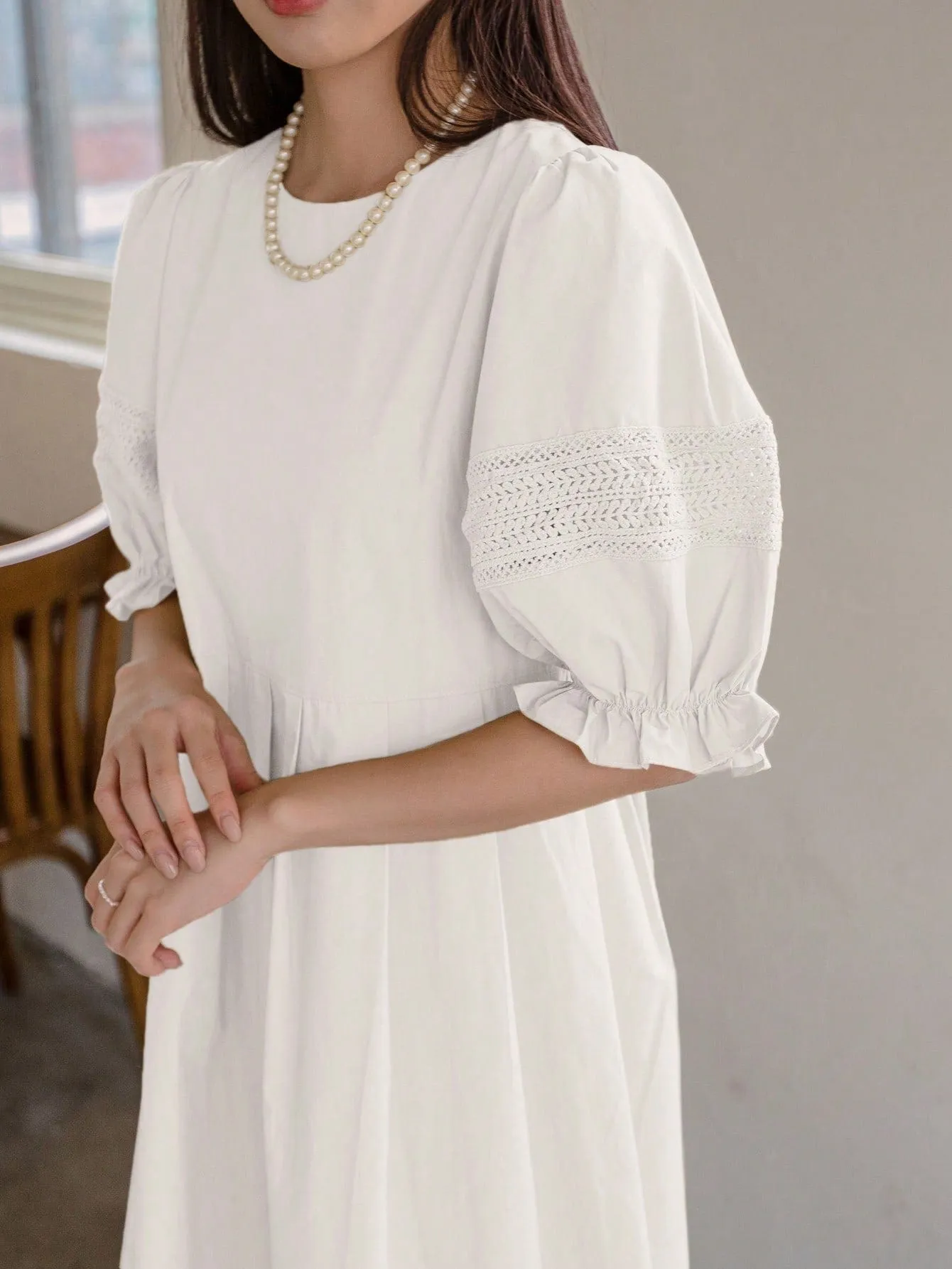 White Oversized Cotton Puff Sleeve Smock Dress, (S-XL)