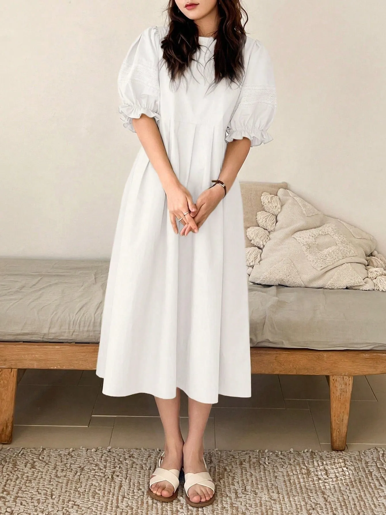 White Oversized Cotton Puff Sleeve Smock Dress, (S-XL)