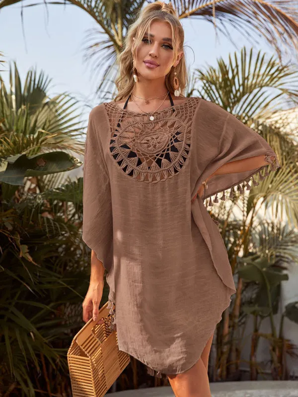 Women's Hollow Loose Fitting Beach Cover Up With Tassels