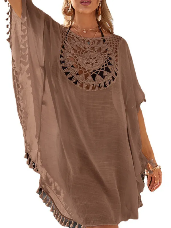 Women's Hollow Loose Fitting Beach Cover Up With Tassels