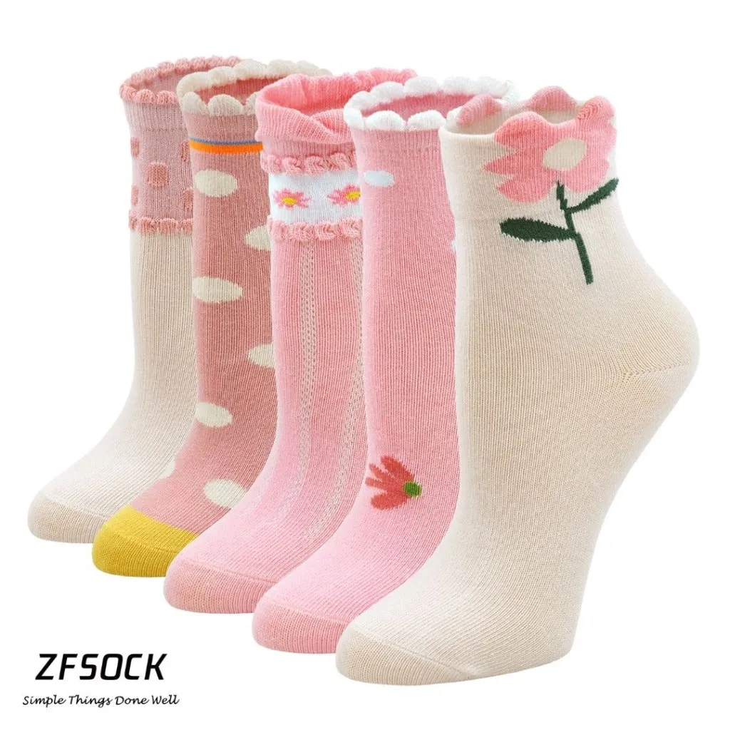 ZFSOCK Cute Design Pink Socks for Girls, 5 Pairs